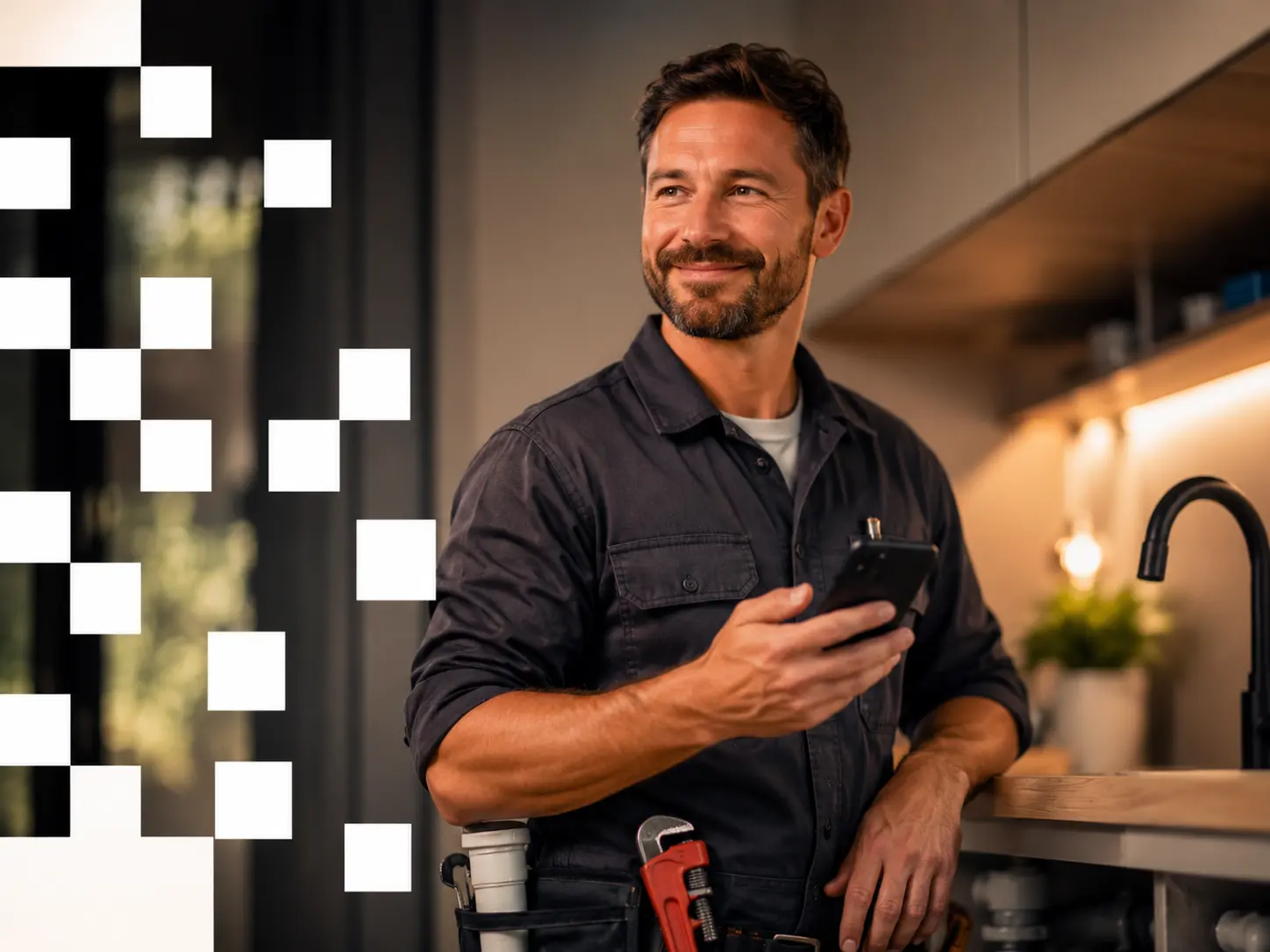 Profissional sorrindo com smartphone na cozinha, com efeito pixelado